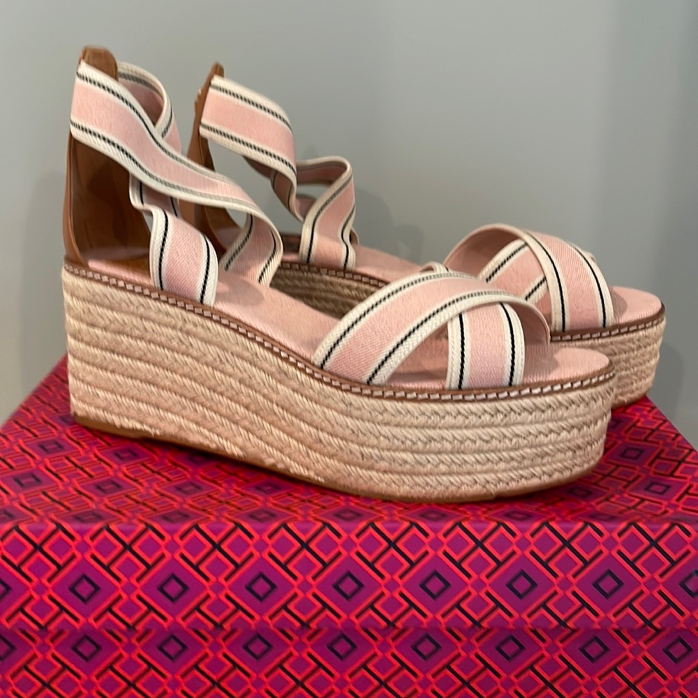 Tory Burch Frieda Espadrille sandals, blush stripe/ tan - size 9 BEAUTIFUL